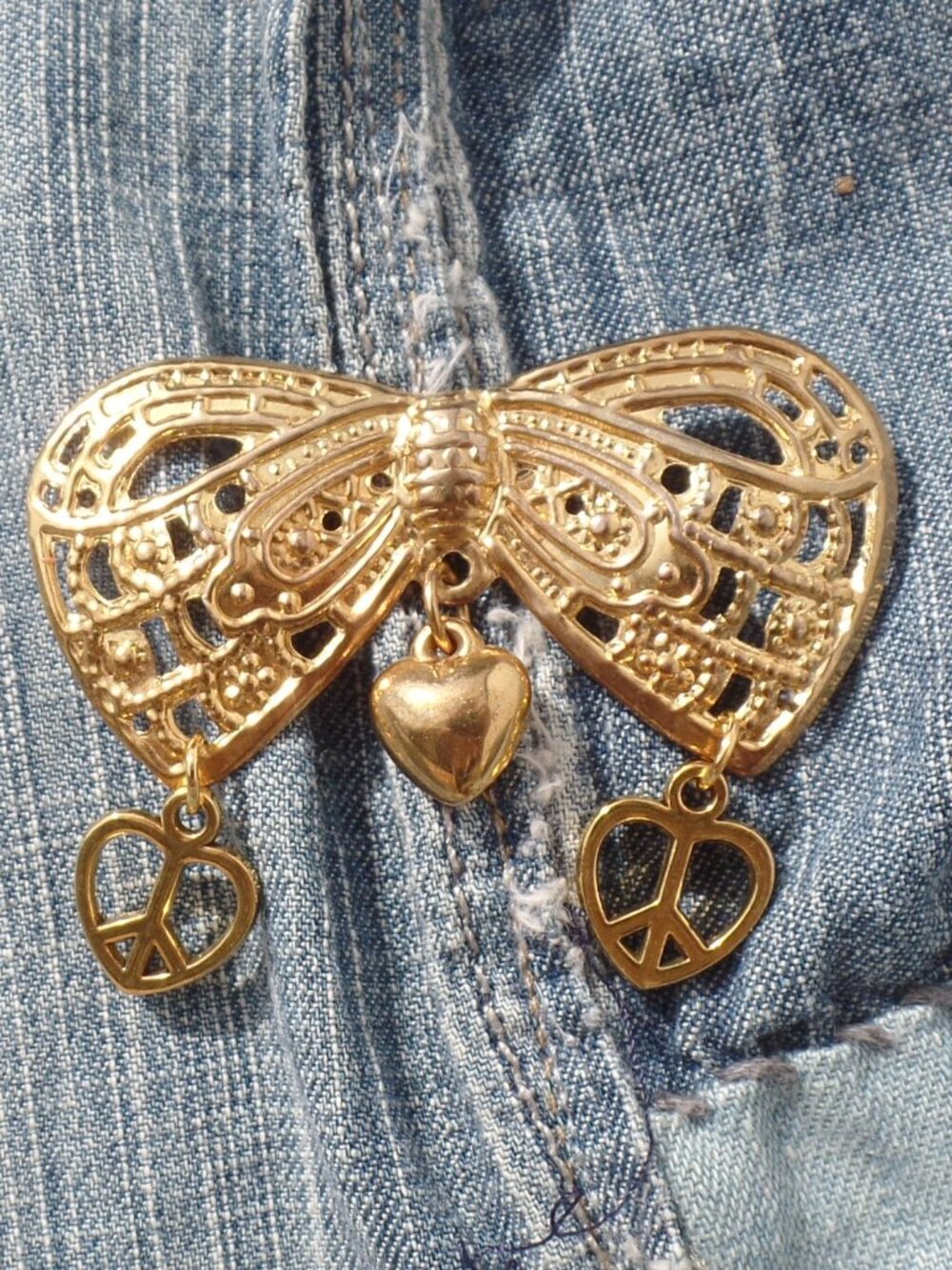 PEACE & HEARTS  Brooch Upcycled Gold Tone Butterfly Bow Tie Pin